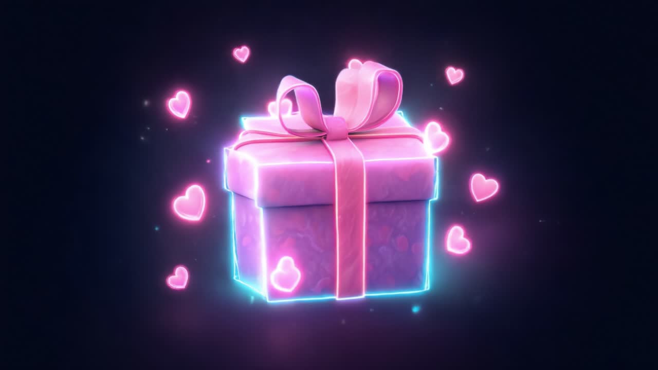 Una confezione regalo luminosa dal design accattivante, decorata con nastri rosa e circondata da cuori fluttuanti, che simboleggia amore e celebrazione, perfetta per occasioni speciali e sorprese