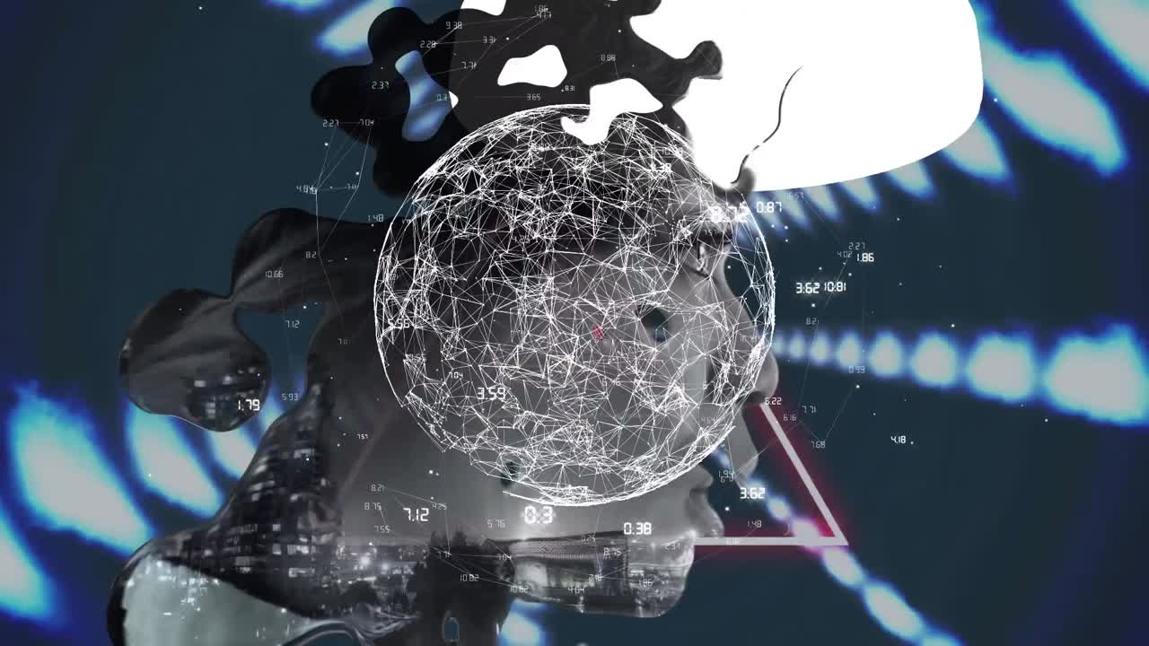 Animation of rotating global network and data processing over strobing lights and portrait of woman