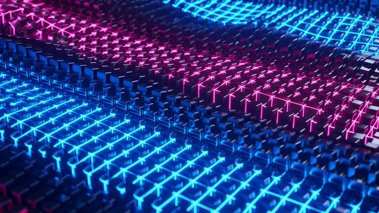 Neon Blue And Magenta Grid Waves Undulating Metallic Nodes And Glowing Connectors Create Immersive Cyberpunk