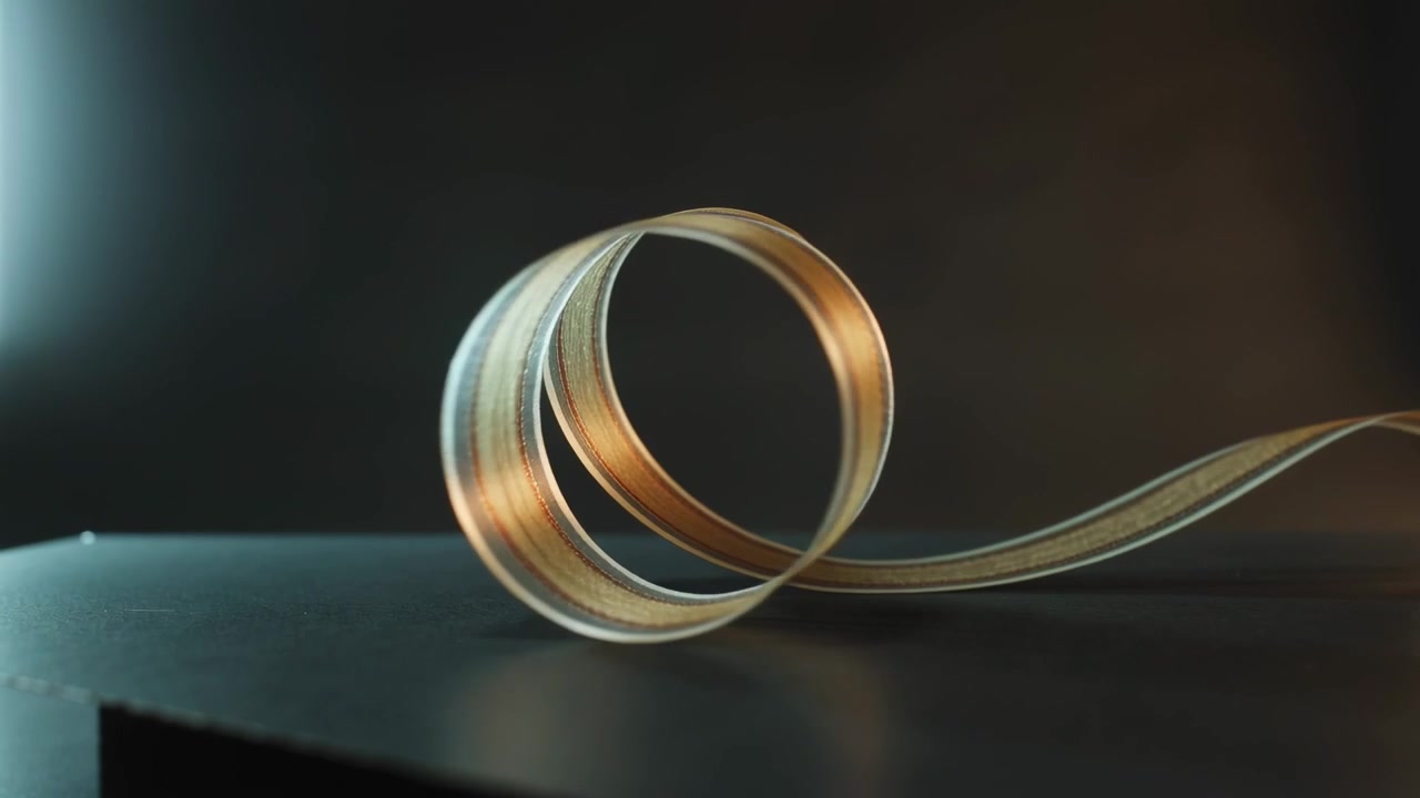 Releasing tension, strip with gold inner and clear cap curling into coils on tabletop for demo
