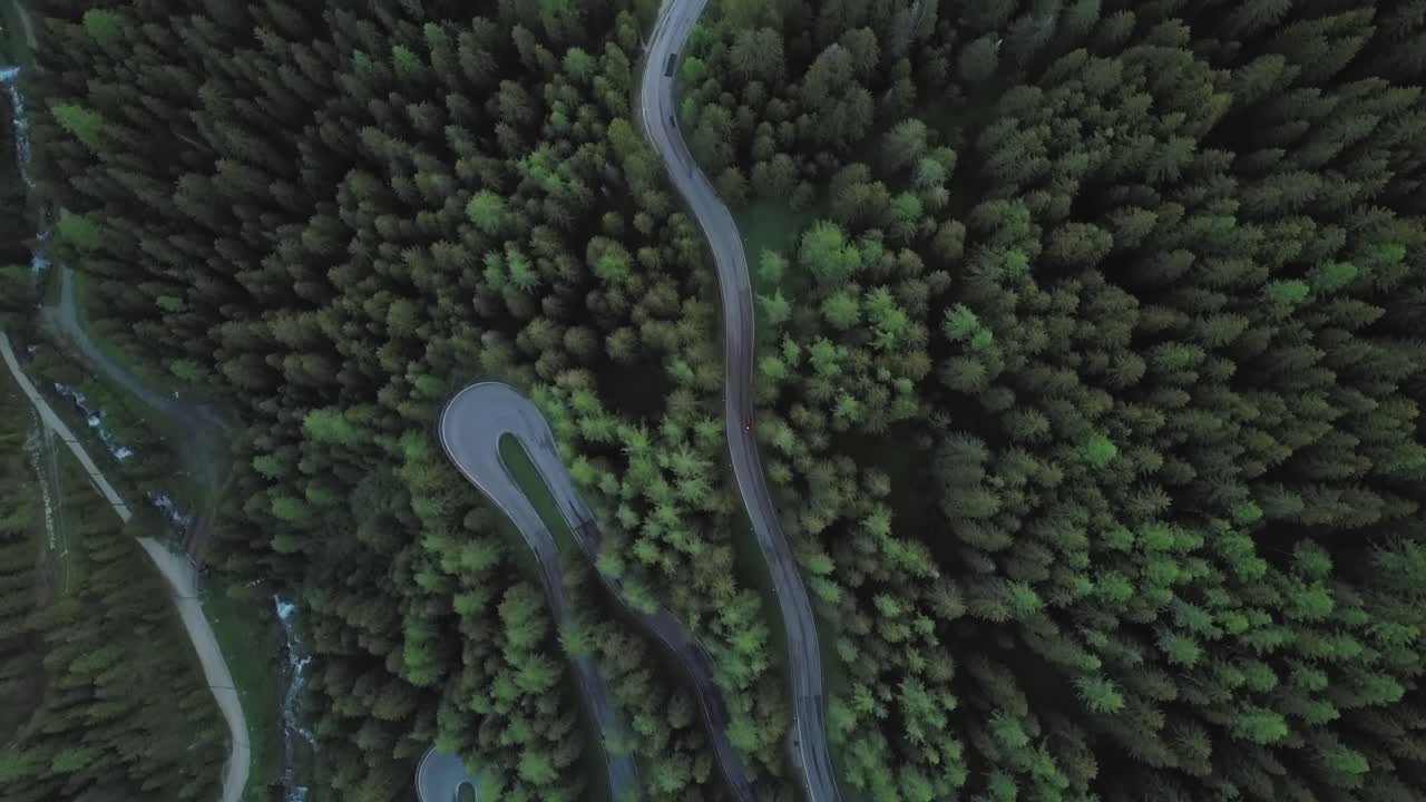 Vista con drone di una strada di montagna con pini al crepuscolo nelle Dolomiti, Italia.