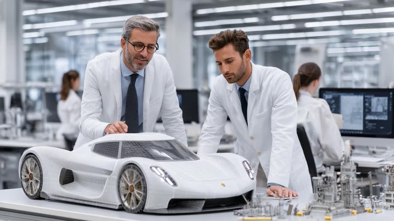 Detailed Analysis and Discussion of a Sculpted Automotive Prototype in a Modern Design Lab with Engineers Collaborating on Innovative Technologies