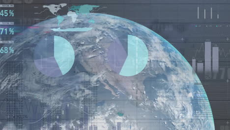 animation of financial data processing and globe over dark background