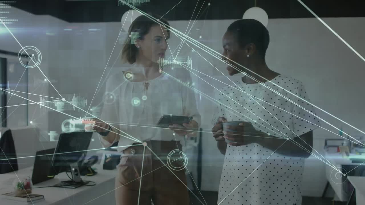 Animation of connections over diverse female coworkers in office