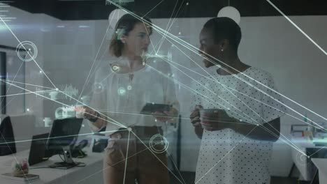 animation of connections over diverse female coworkers in office