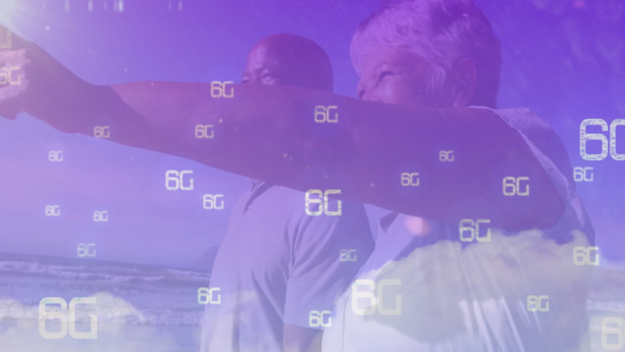 Elderly couple on beach using 6G technology with animated overlay