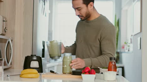 asian man, fruit smoothie and green juice as