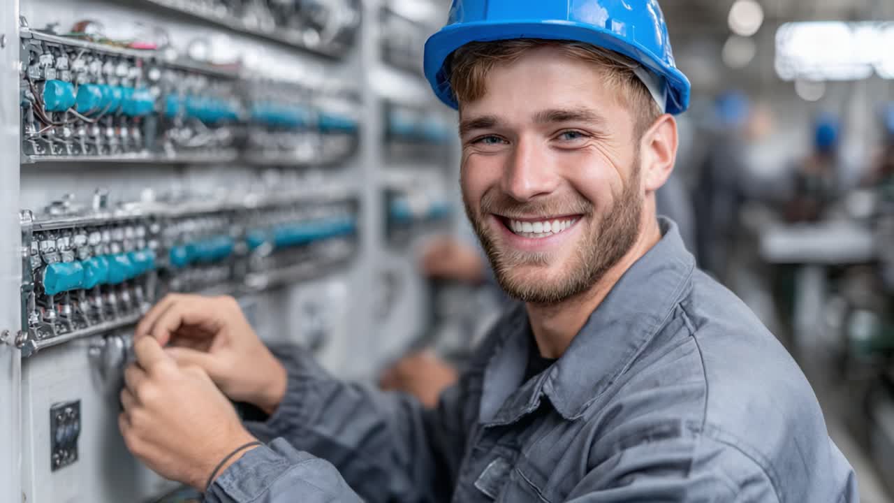 Skilled Technician Engaged in Electrical Wiring Installation with a Smile, Showcasing Precision and Expertise in a Modern Workshop Environment