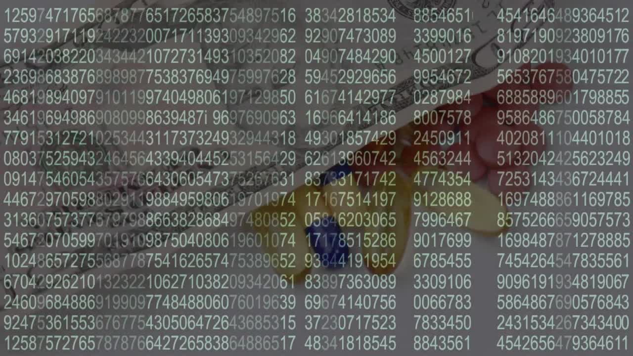 animación de números cambiantes sobre diferentes píldoras y billetes que caen