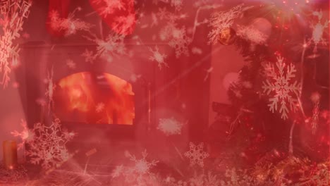 snowflakes falling over fireplace and christmas tree against red background