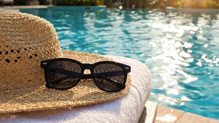 A Relaxing Summer Escape: Stylish Sunglasses and a Cozy Straw Hat Lying Poolside by a Sparkling Blue Water, Perfect for Leisure and Sunbathing Moments
