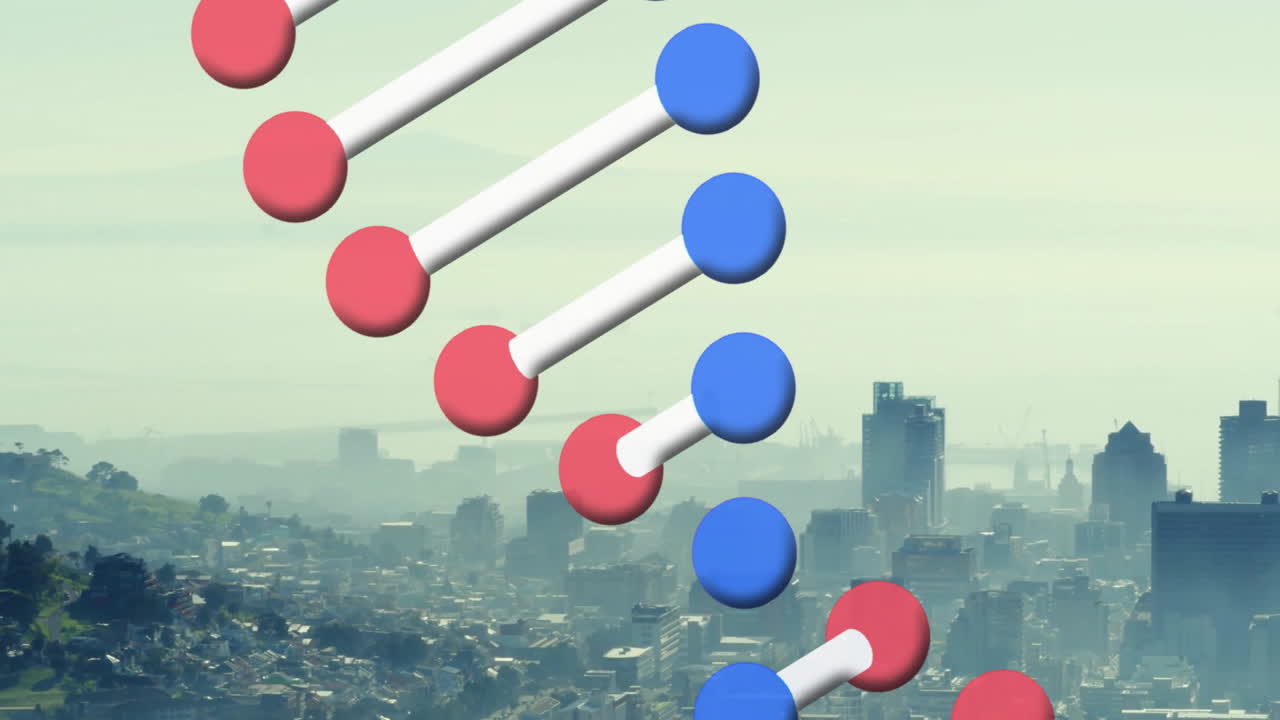 3D data bars floating over hazy cityscape showing horizontal rods linking blue and red spheres