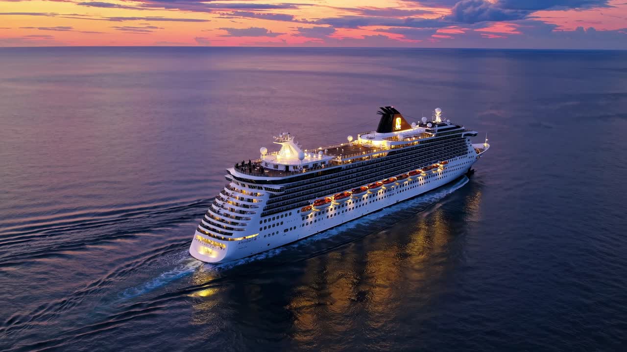 Vista aérea de un crucero navegando al atardecer, capturando la serenidad del océano y el cielo vibrante