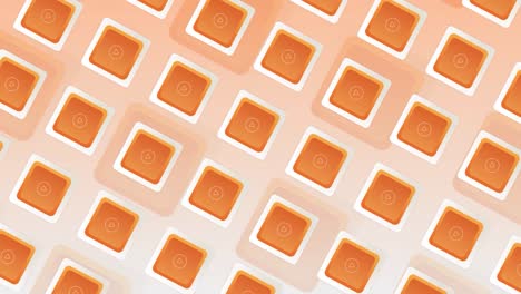 rows of orange squares on gradient light background, seamless loop. motion. round shaped silhouette with a triangle inside appearing on each square, play icon