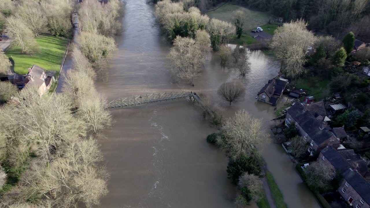 Houses flooded in UK river Severn ironbridge England UK drone footage