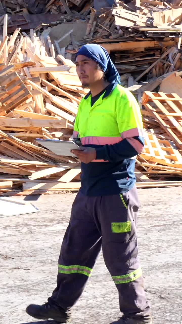 Man inspecting wood pile with clipboard