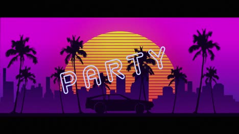 animation of party neon text over sunset and palm trees with cityscape