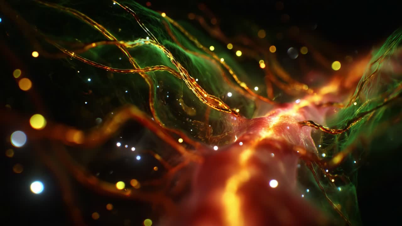 Un viaggio affascinante attraverso un paesaggio cosmico astratto di luce e colore, che rivela motivi intricati e flusso di energia in una vivida rappresentazione di movimento artistico