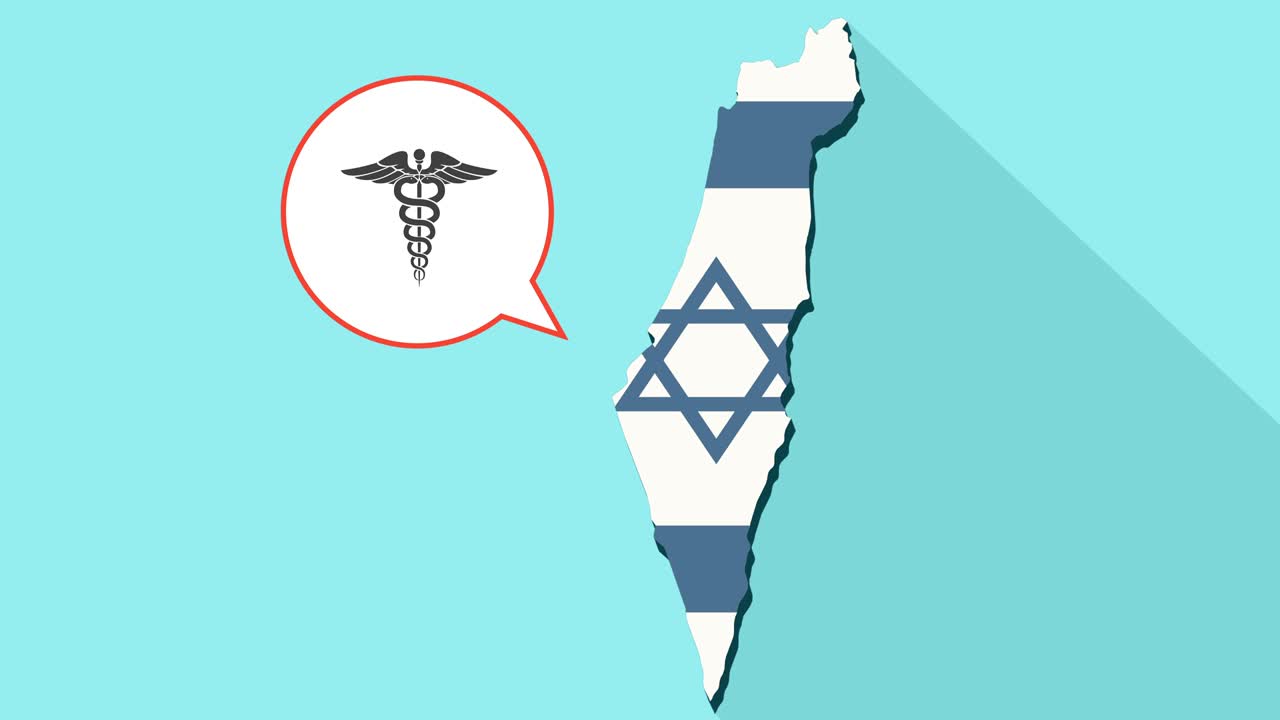 긴 그림자 이스라엘 지도와 그 발과 의학적 상징이 있는 만화 풍선의 애니메이션