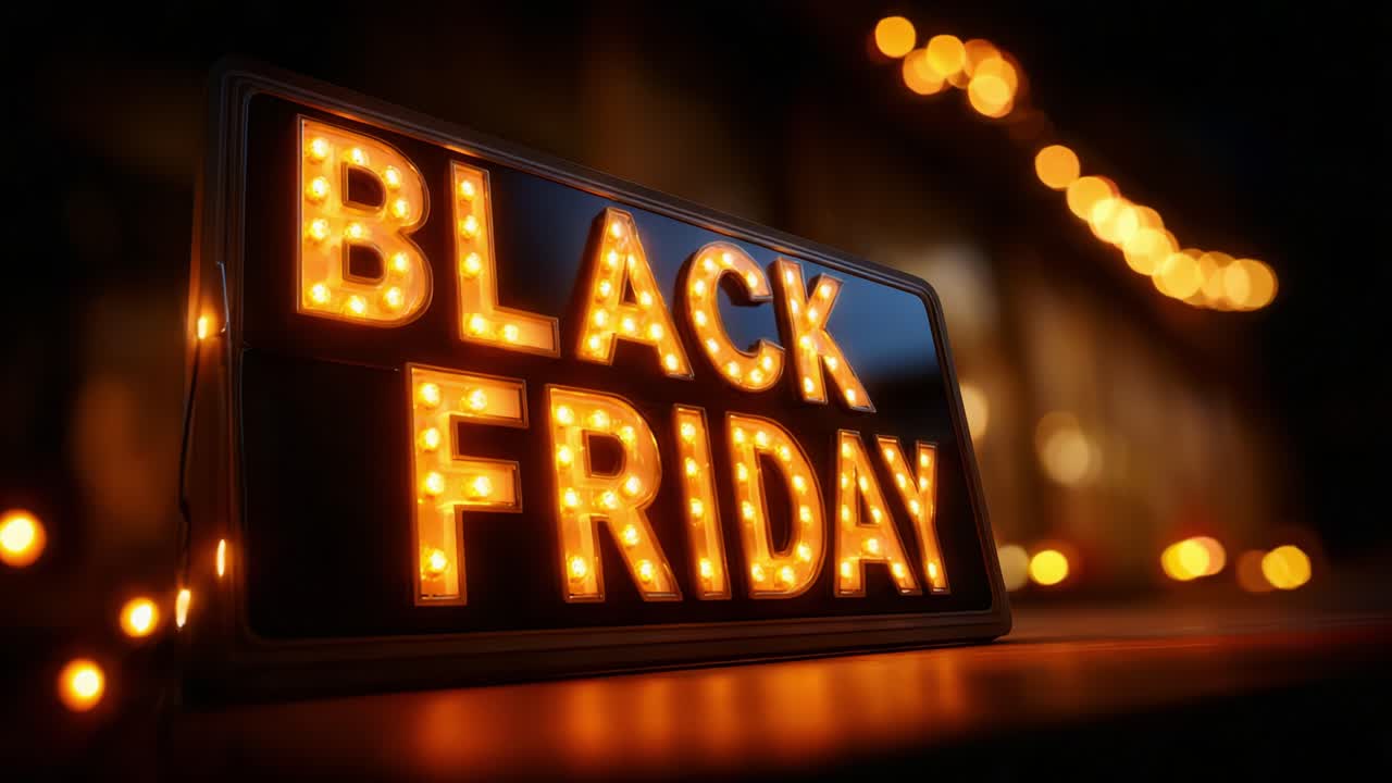 Illuminated Signage Showcasing 'Black Friday' Promotions With Vibrant Lighting and Bokeh Effects Creating an Inviting Atmosphere for Shoppers During Holiday Sales Season