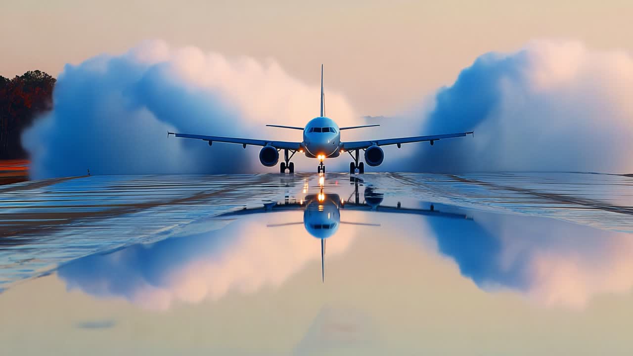 A majestic airliner gracefully takes off amidst dramatic clouds and reflections on the runway, capturing the power of aviation and the beauty of flight in action