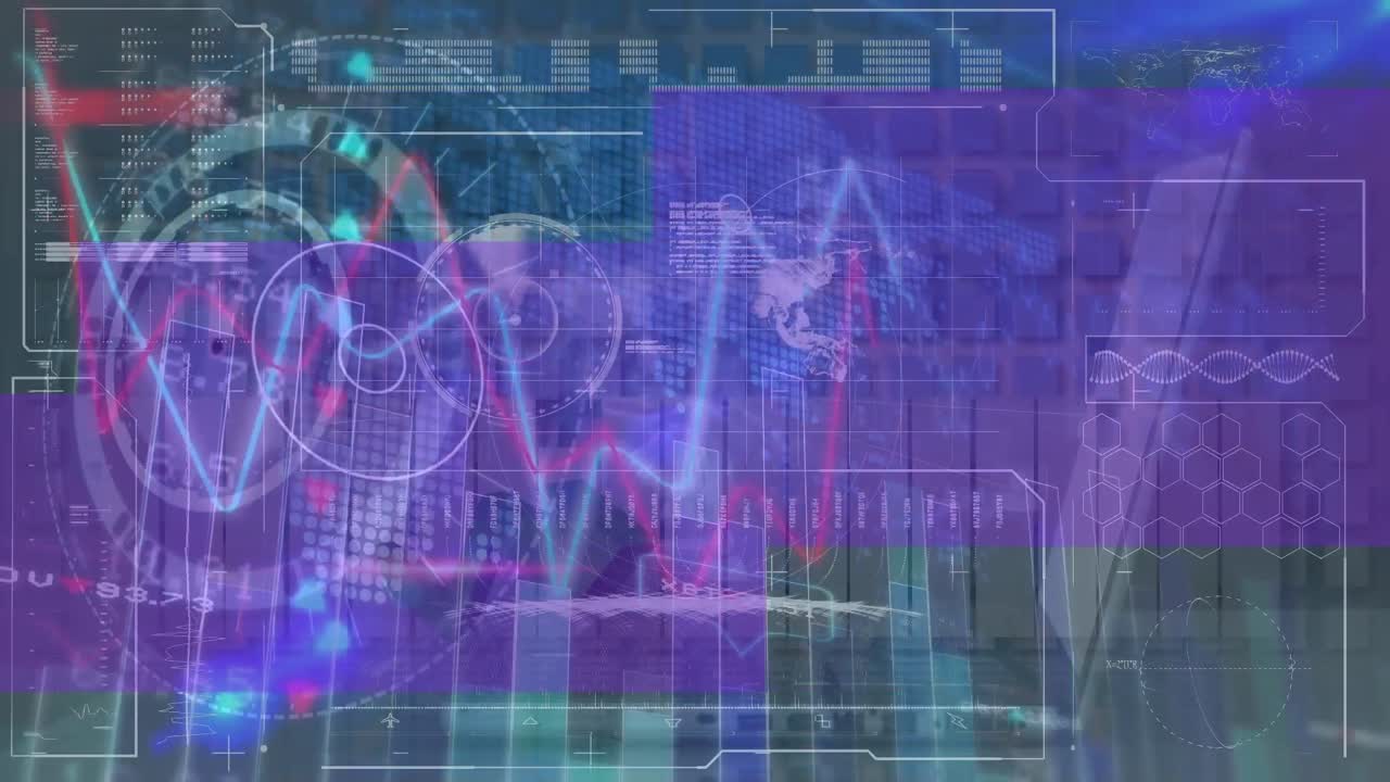 Animation of data processing and laptop on blue background