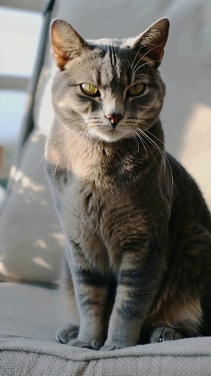 Video vertical: Con luz cambiante, gato atigrado inclinándose y ajustando las patas en un cojín junto a la ventana, mostrando un anillo.