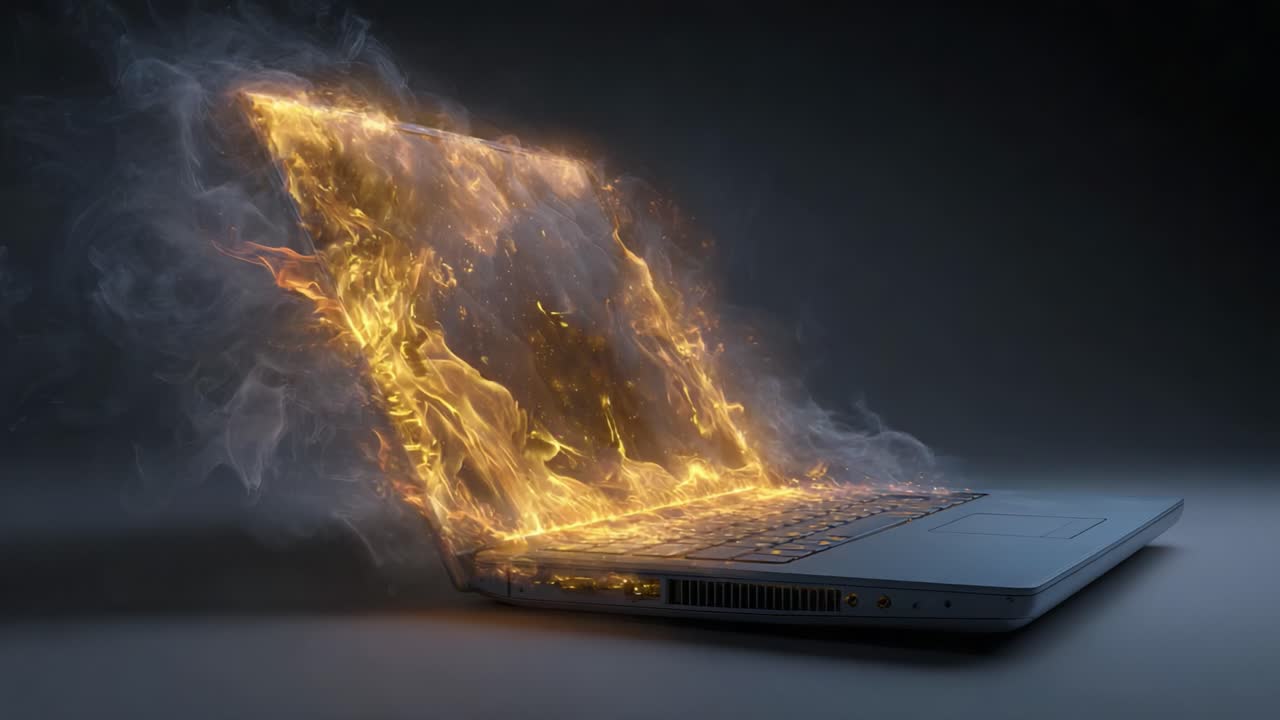 Una visualizzazione dinamica di un laptop che erutta fiamme e fumo, che rappresenta la fusione tra tecnologia e immaginazione in una forma d'arte anticonvenzionale