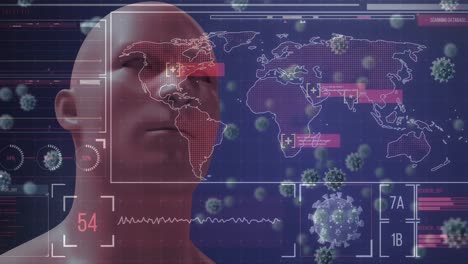 multiple covid-19 cells over digital interface with data processing against human face model