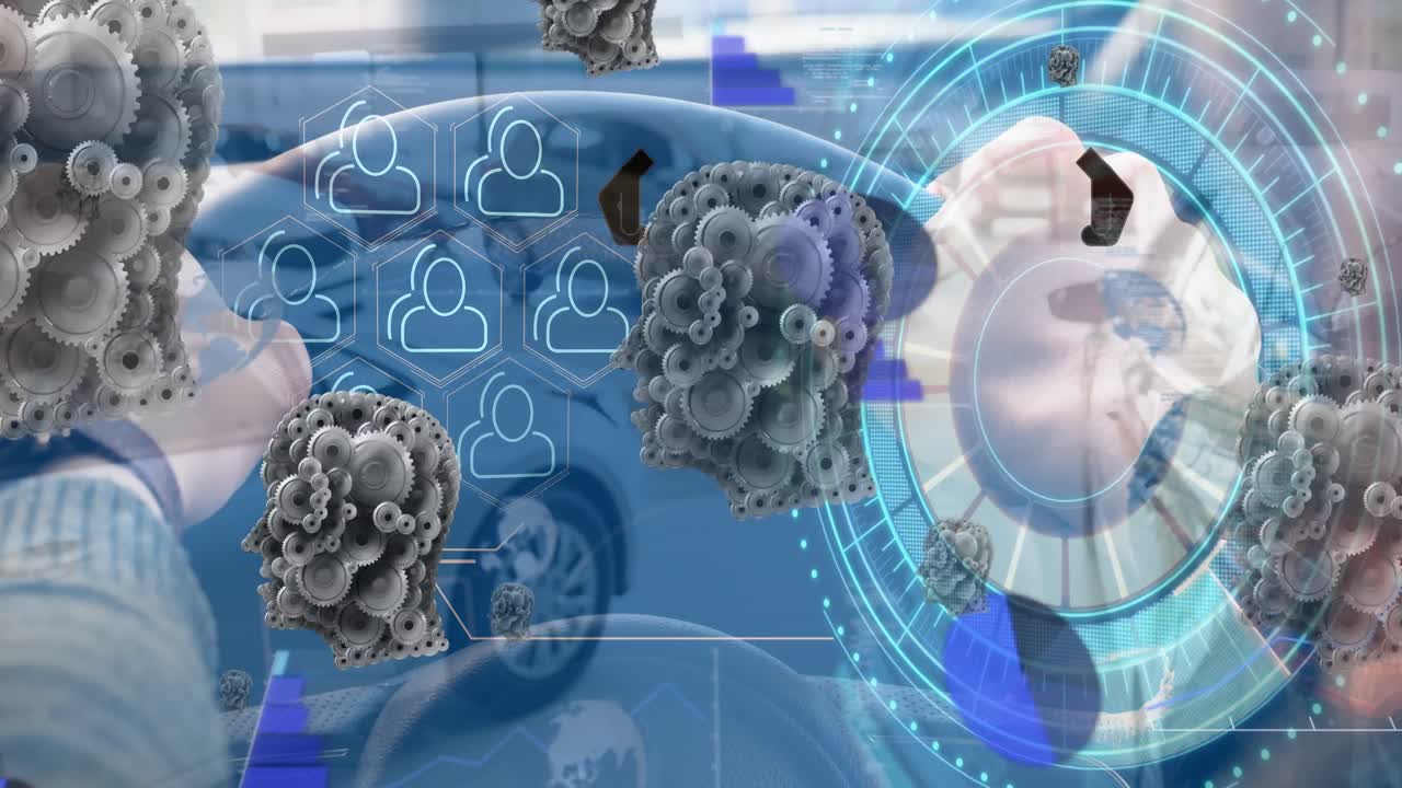 animación de diversos datos, el procesamiento de círculo y engranajes sobre los coches