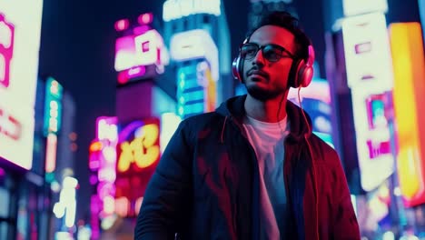 man with headphones in a neon city