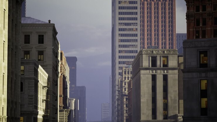 Skyline della città al crepuscolo con silhouette di edifici e luce soffusa