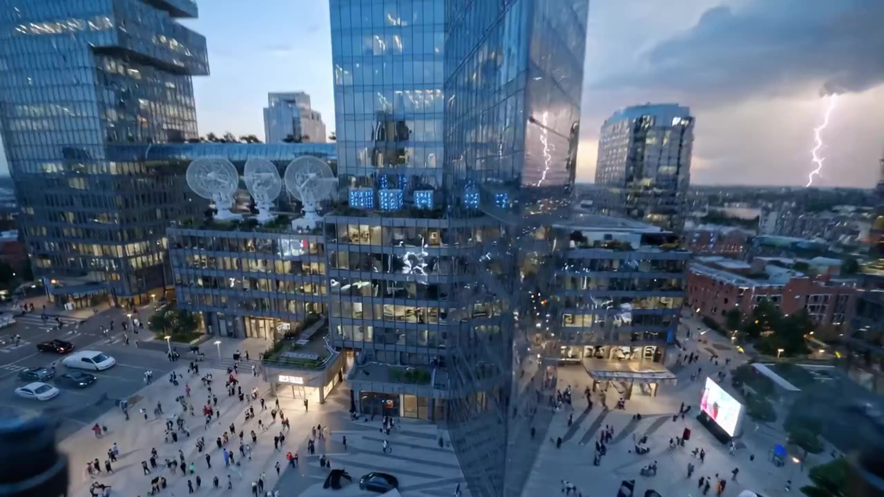 Aerial View of a Vibrant Urban Landscape with Skyscrapers, River, and Rooftop Gardens Showcasing Modern Architecture and Dynamic City Life at Dusk