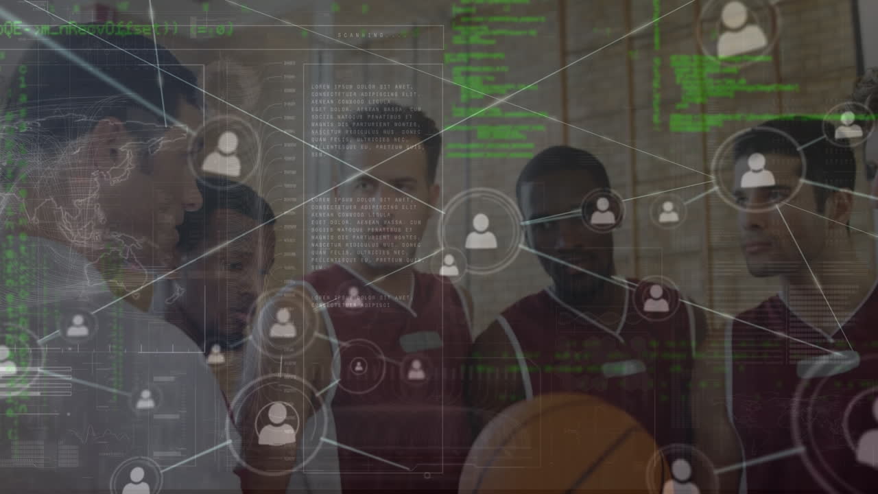 animación de conexiones en un equipo de diversos jugadores de baloncesto masculino