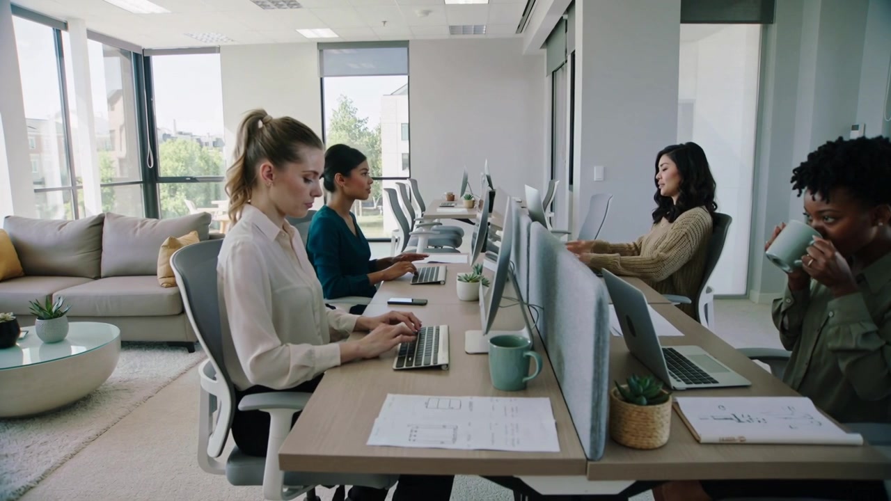 Donna in abbigliamento business casual che appoggia una tazza, mentre espone un punto alla scrivania dell'ufficio, con monitor.