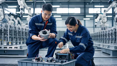 engineers working on robotics and electronics in a modern manufacturing facility