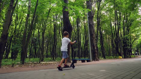 un niño monta un scooter en un parque de la ciudad 10