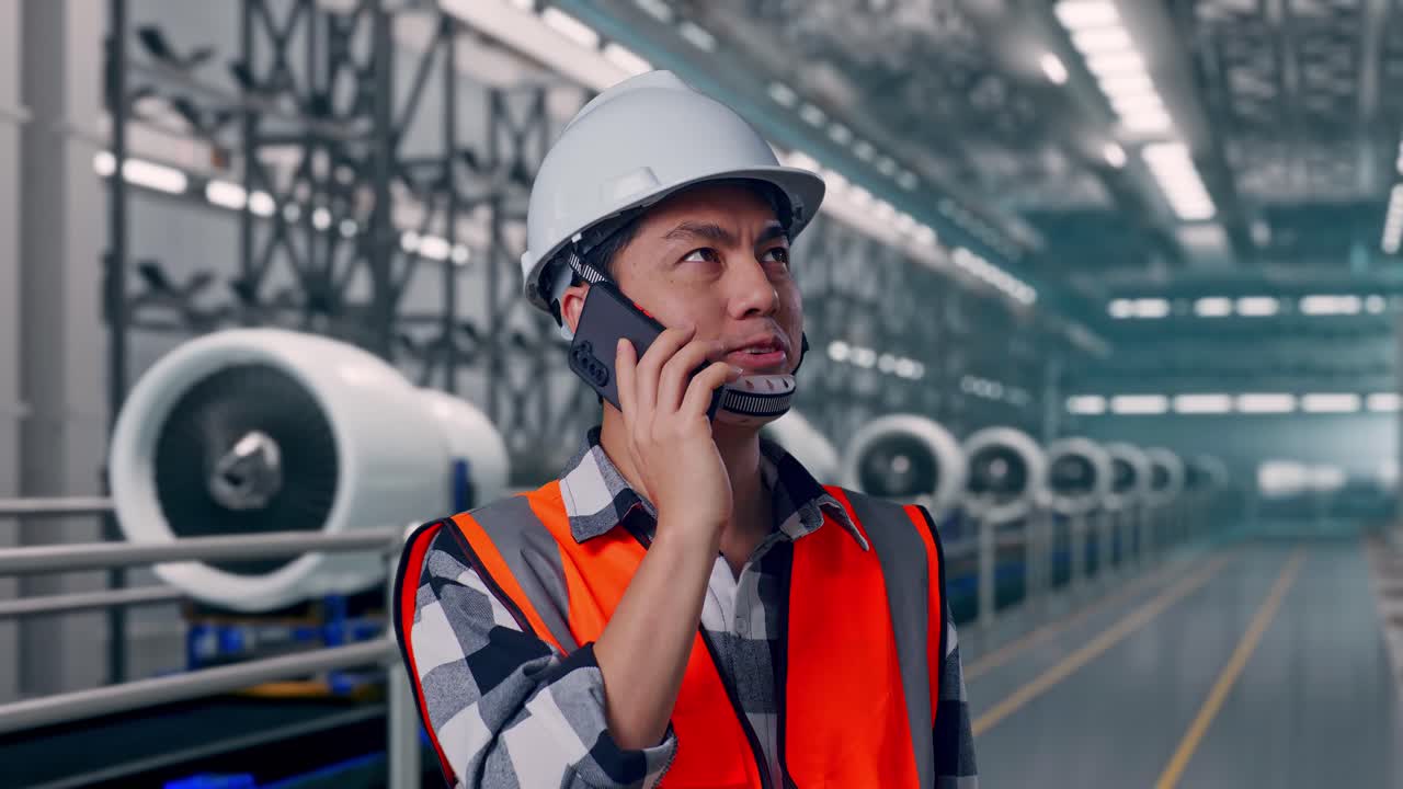 Primer plano de ingeniero asiático con casco de seguridad, hablando por smartphone y de pie, en una línea de fabricación y montaje de motores de aeronaves en una fábrica moderna.