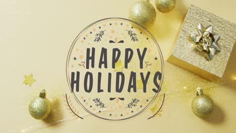 Animation-of-happy-holidays-text-over-christmas-decorations-on-yellow-background