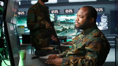 exhausted intelligence corps agent controlling drones, working overtime