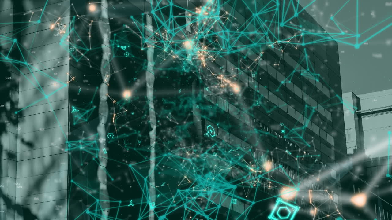 Animation of network of connections with icons over cityscape