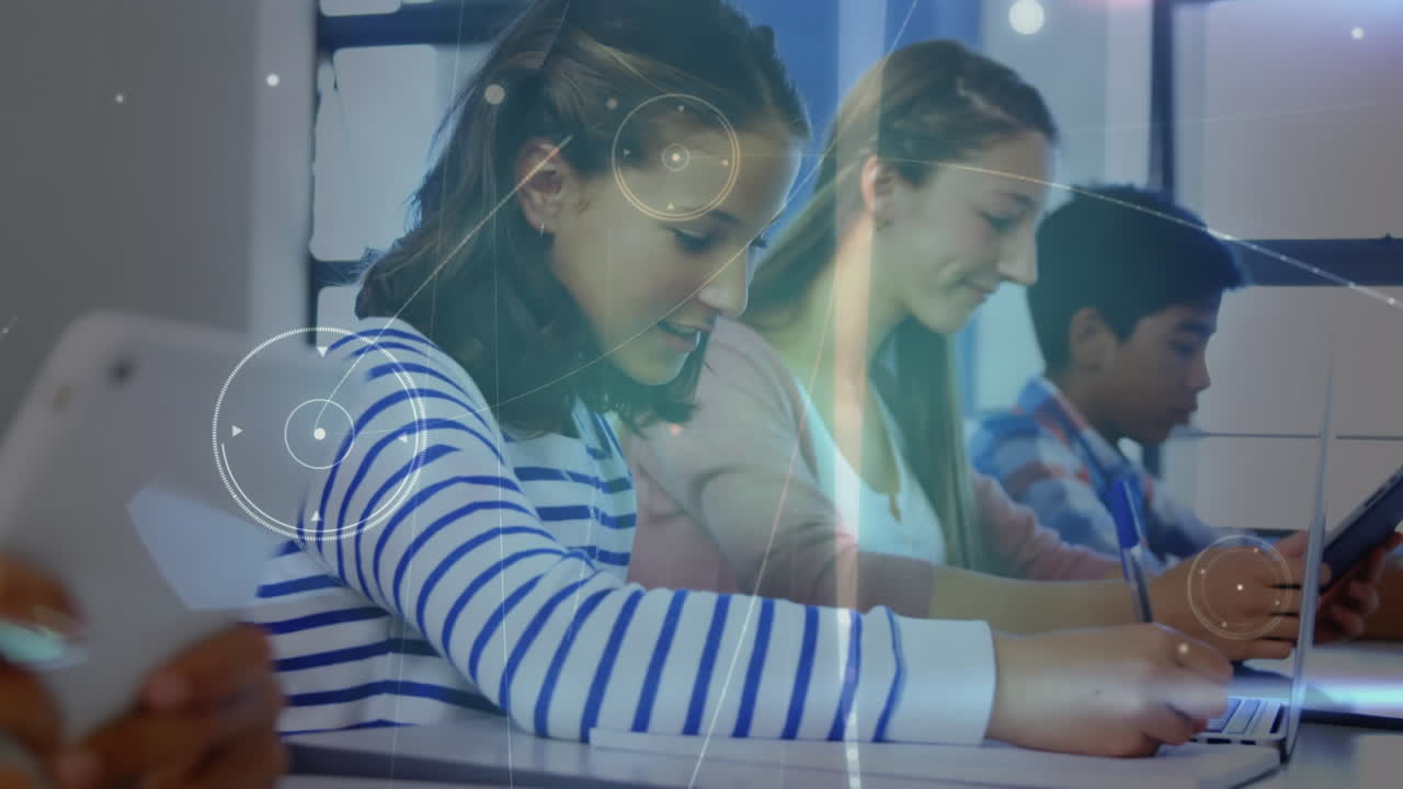 Animation of network of connections with icons over students at school