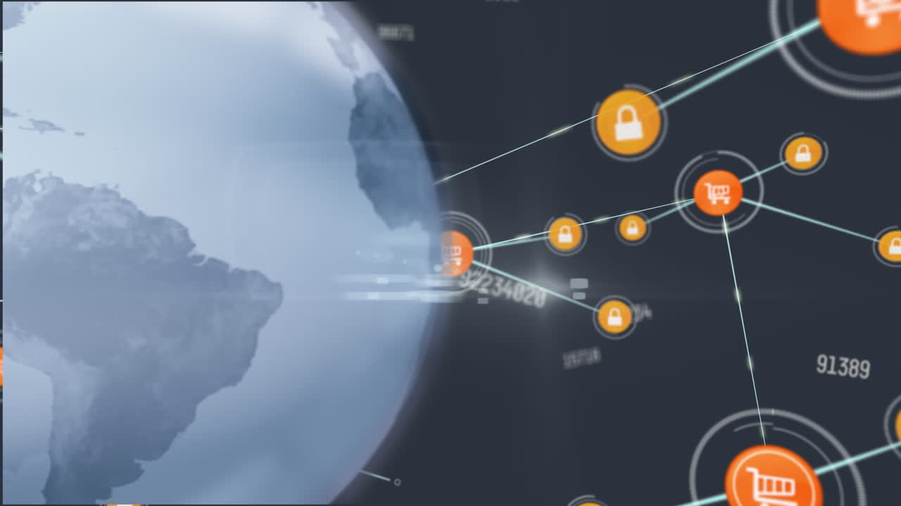 검은색 배경에 연결 네트워크와 함께 지구의 구성