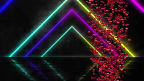 animación de triángulos de neón y corazones flotantes sobre fondo negro