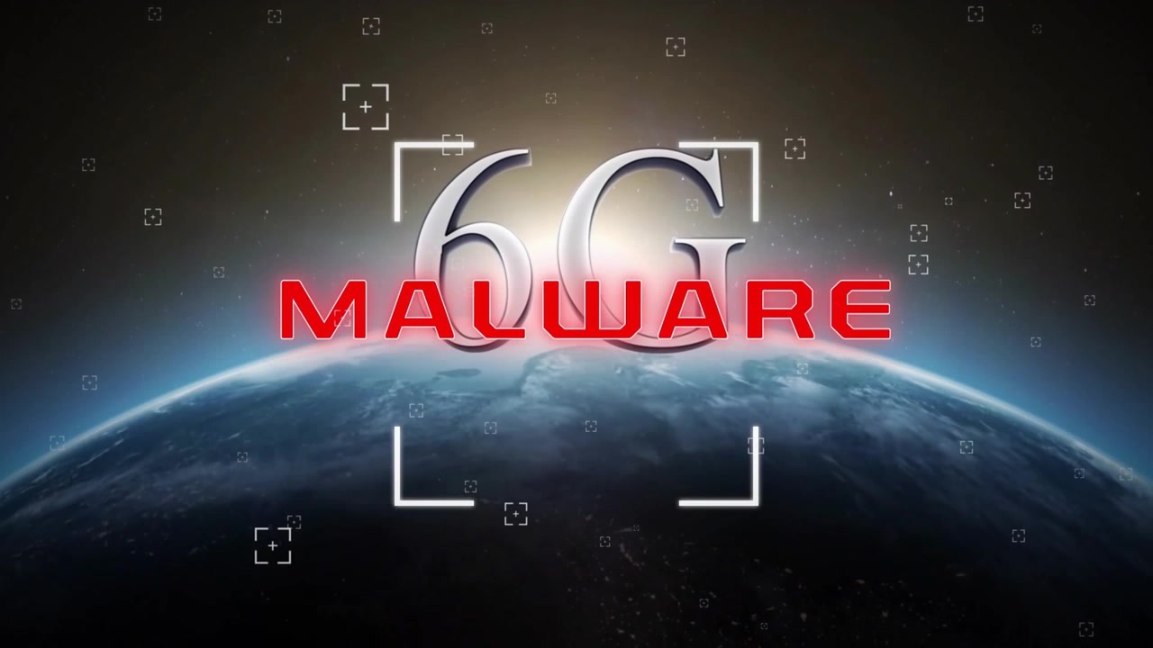 6G malware tekstanimation over Jorden med digitale målretningssymboler.