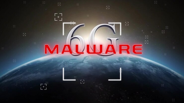 6G malware tekstanimation over Jorden med digitale målretningssymboler.