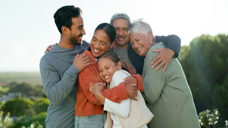 happy, love and big family hugging in a park