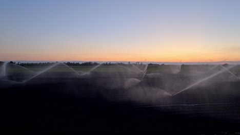 Sistema-De-Riego-Regando-Cultivos-Agrícolas-Al-Atardecer---Disparo-De-Drones