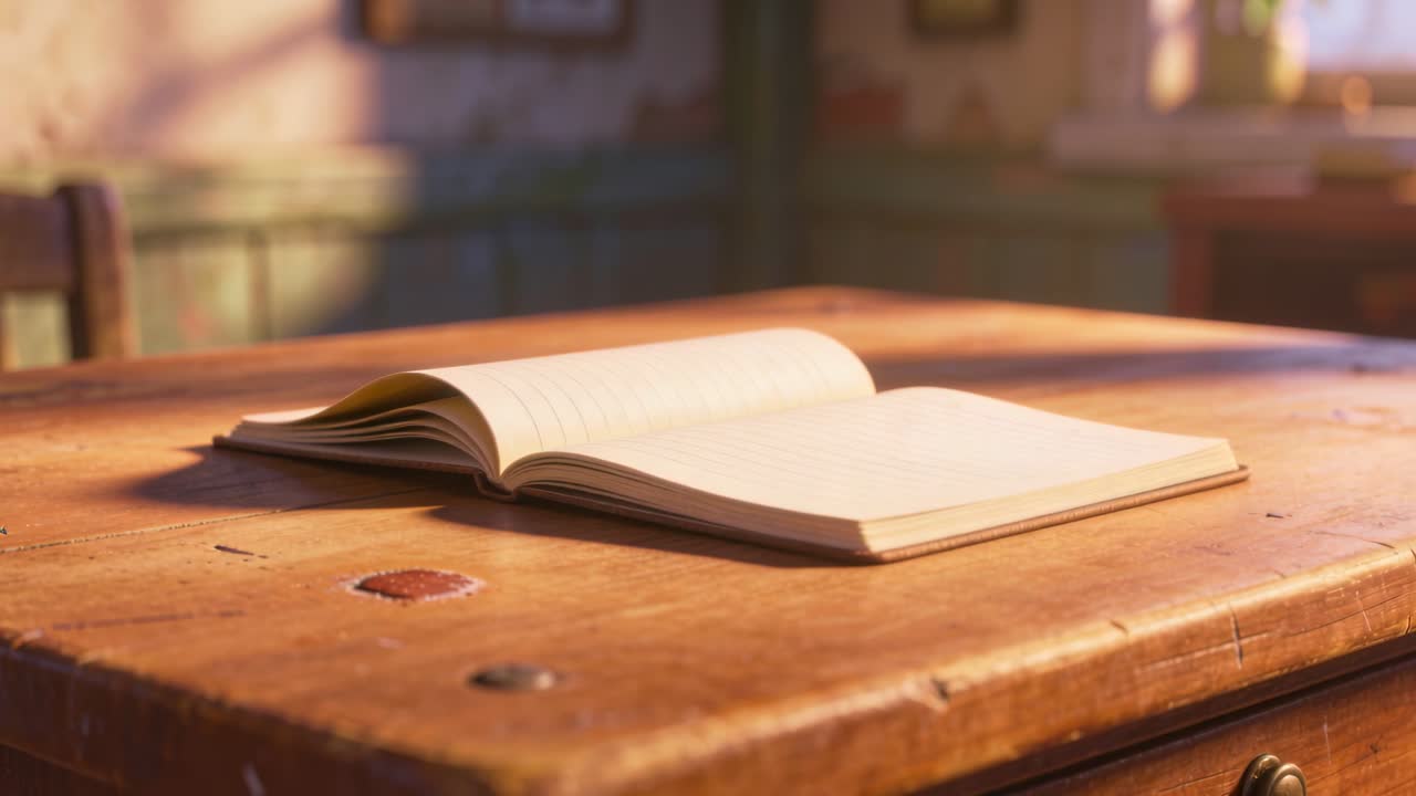Un libro aperto si sistema sulla scrivania mentre la luce del sole si sposta, le pagine svolazzano leggermente e suggeriscono un'atmosfera di studio.