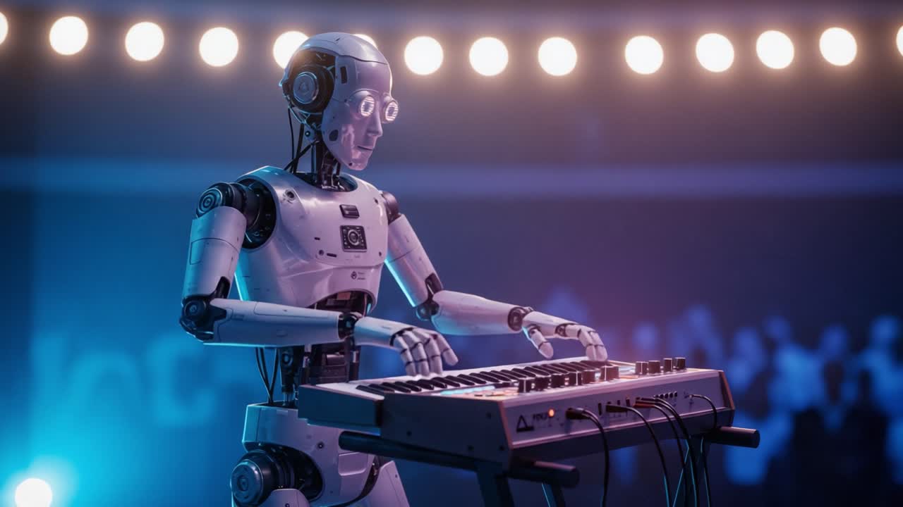 A futuristic robot takes center stage, performing music on a synthesizer keyboard, mesmerizing the audience with its unique musical talents in a vibrant, high-tech setting